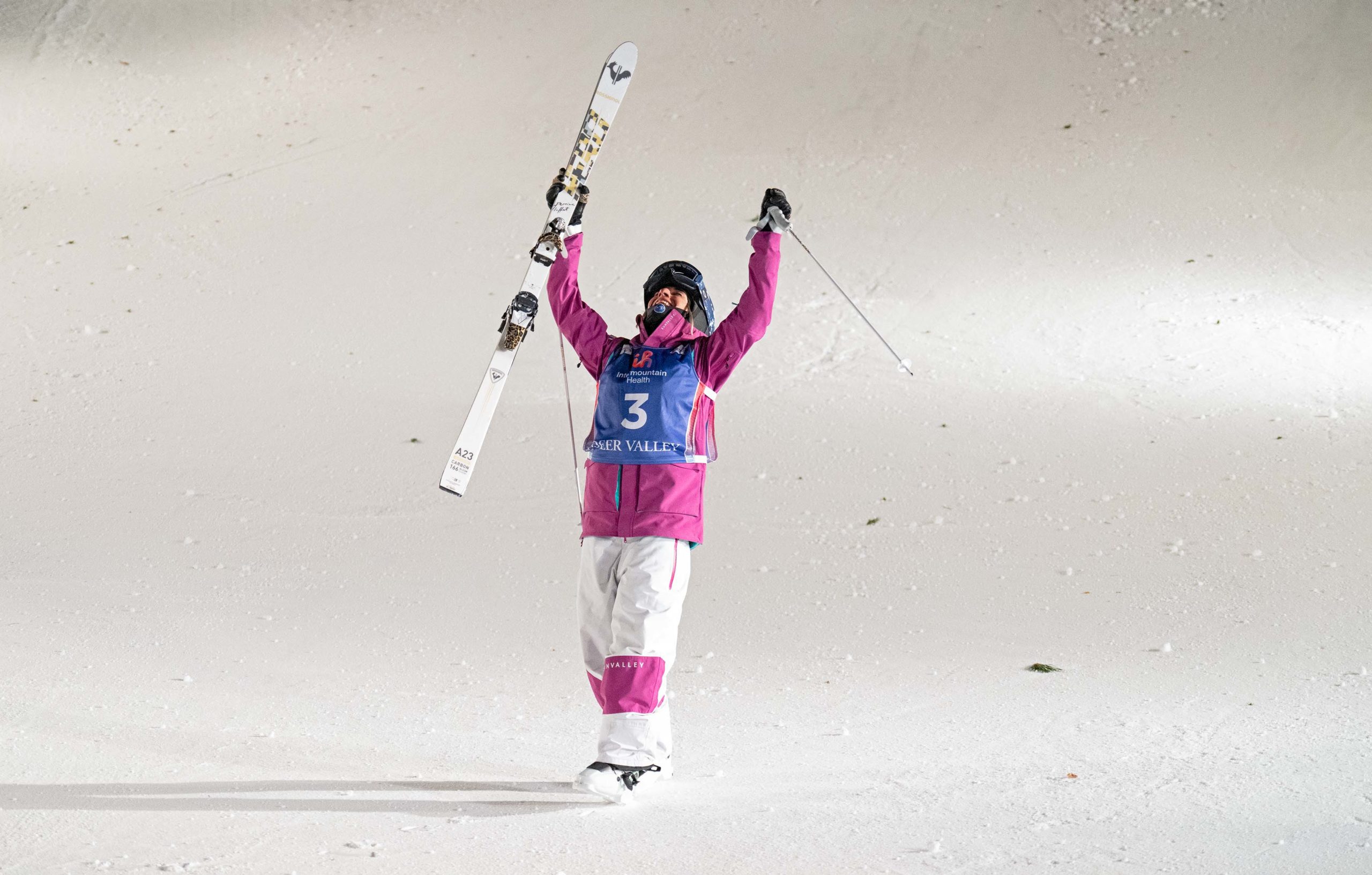 Perrine Laffont of France celebrating her Dual Moguls win at the FIS World Cup event at Deer Valley Resort.