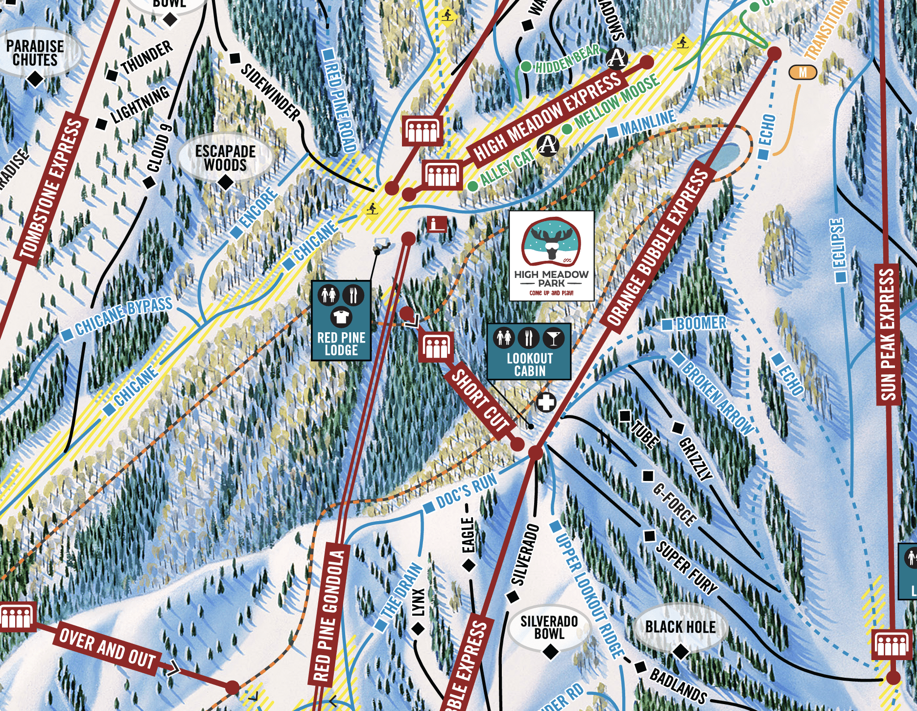 Trail Map on the Canyons Village side of Park City Mountain showing the location of High Meadow Park.