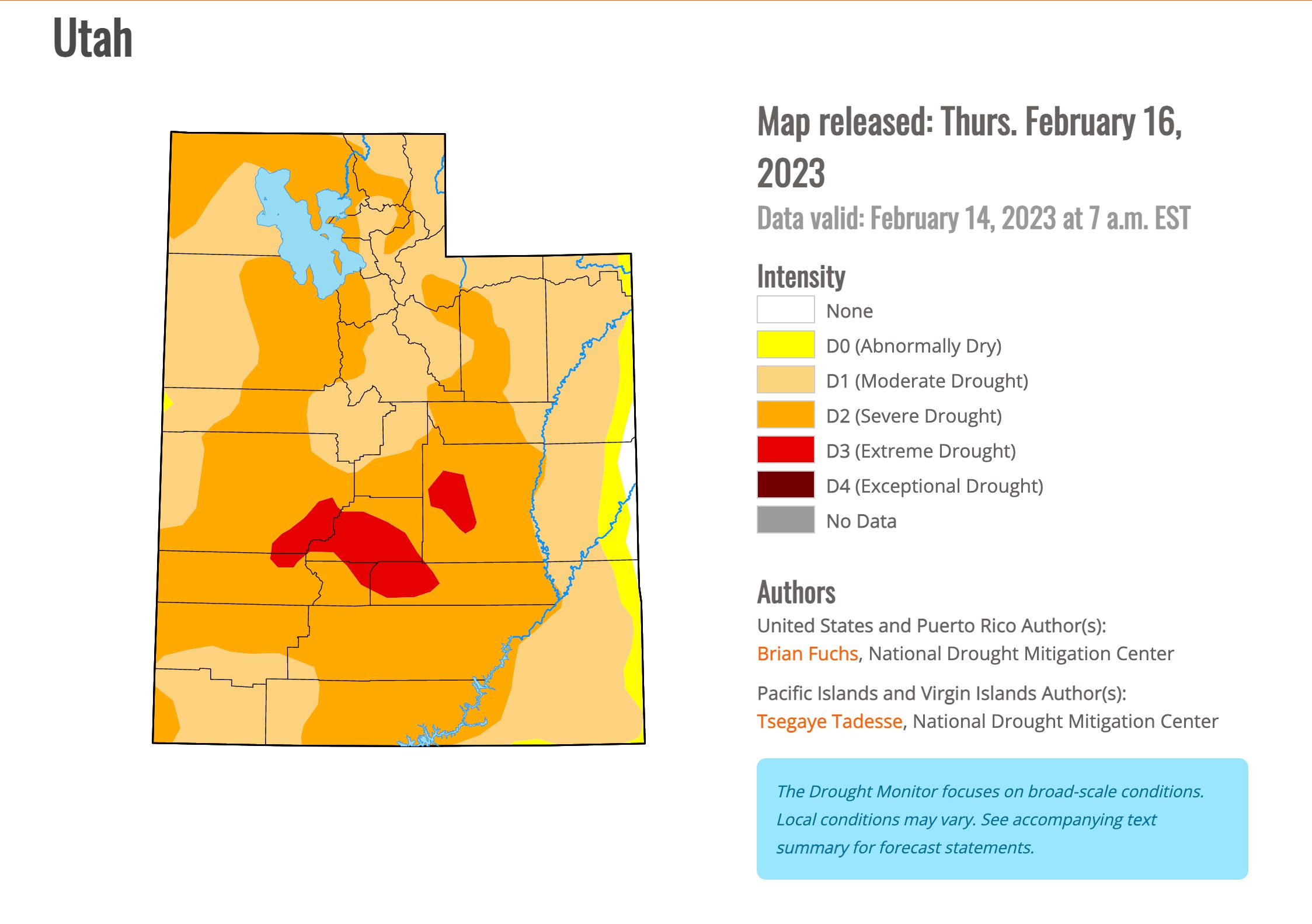 Current drought conditions across Utah as of February 2023.