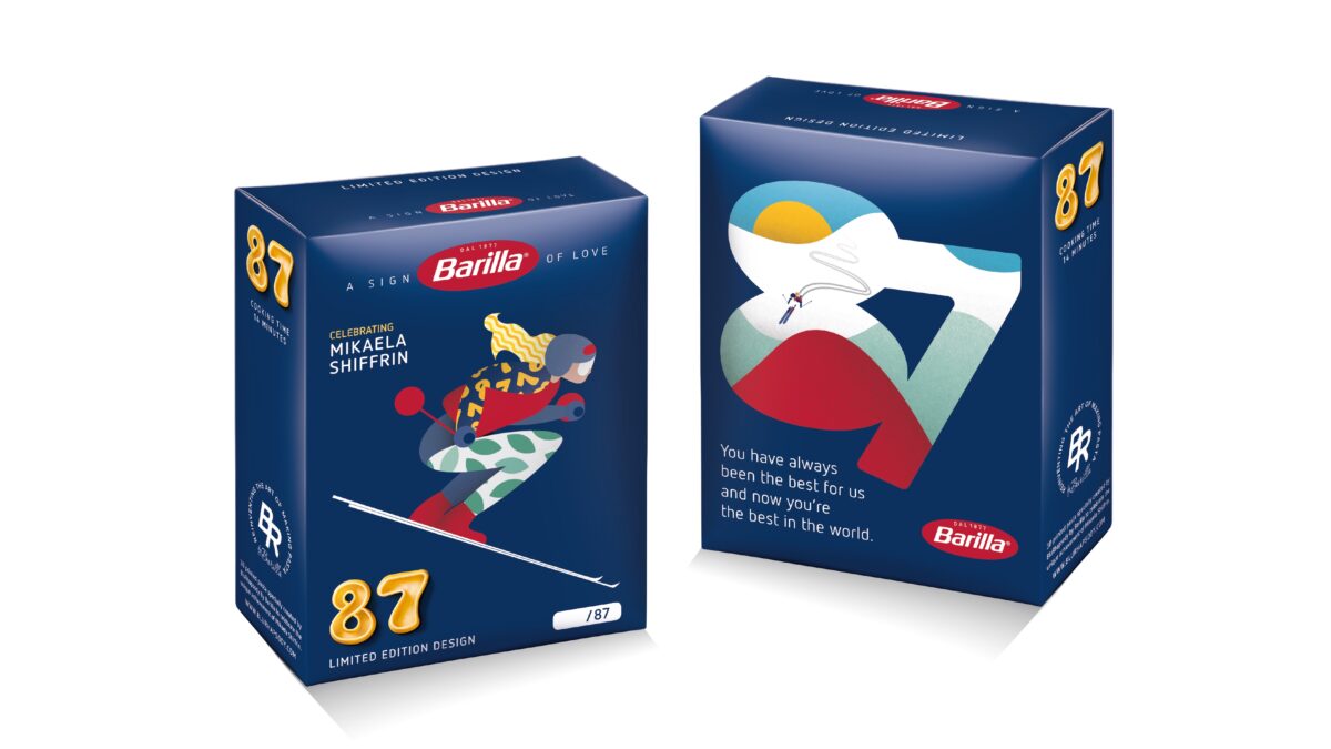 Barilla's "87" limited edition pasta pack in honor of Mikaela Shiffrin's historic 87 World Cup wins.