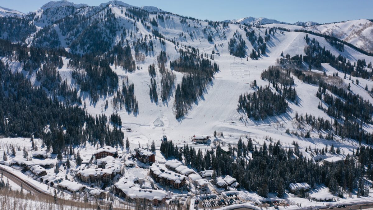A drone shot view of the entire front side of Solitude Mountain Resort.