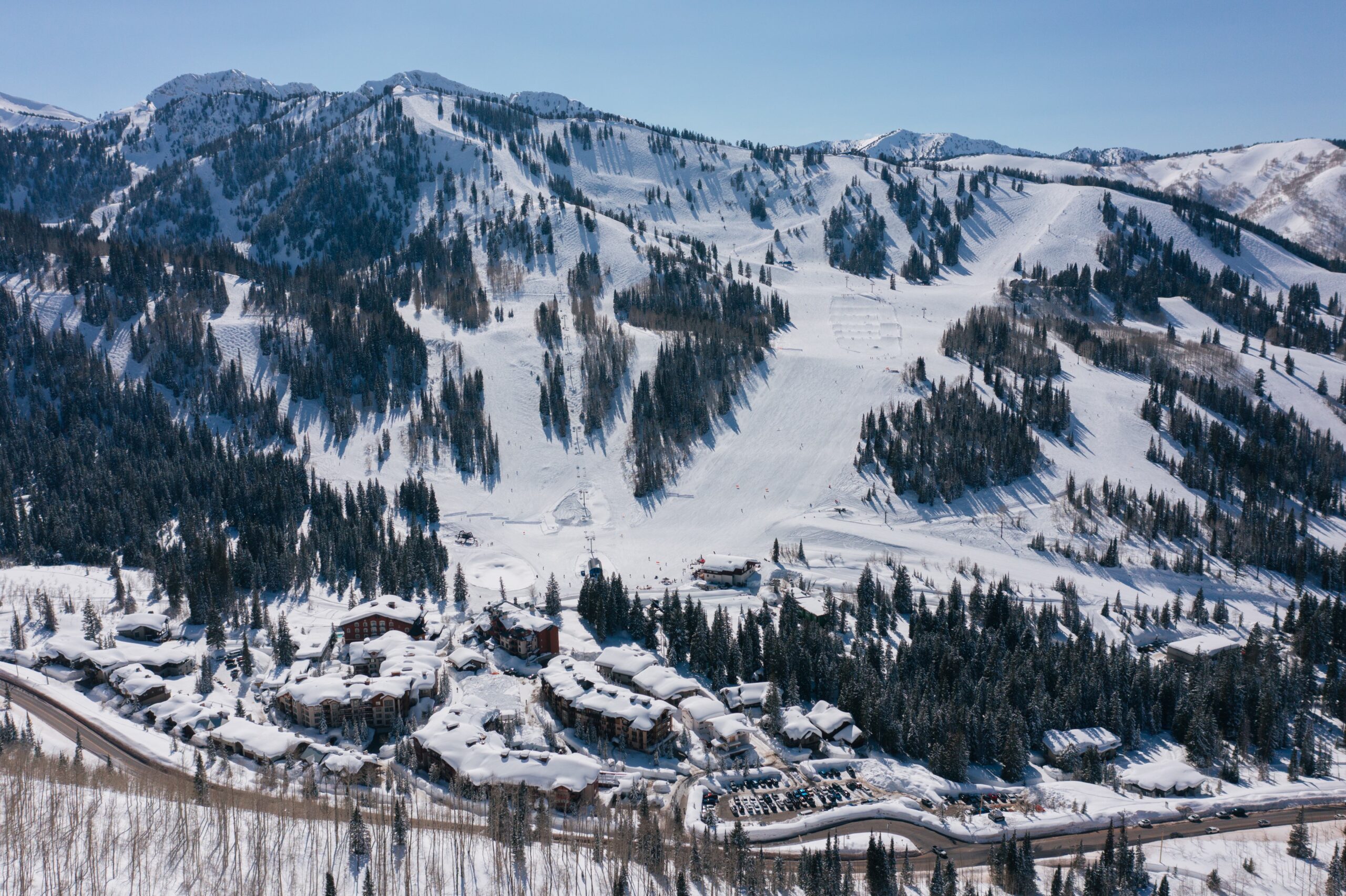 A drone shot view of the entire front side of Solitude Mountain Resort.