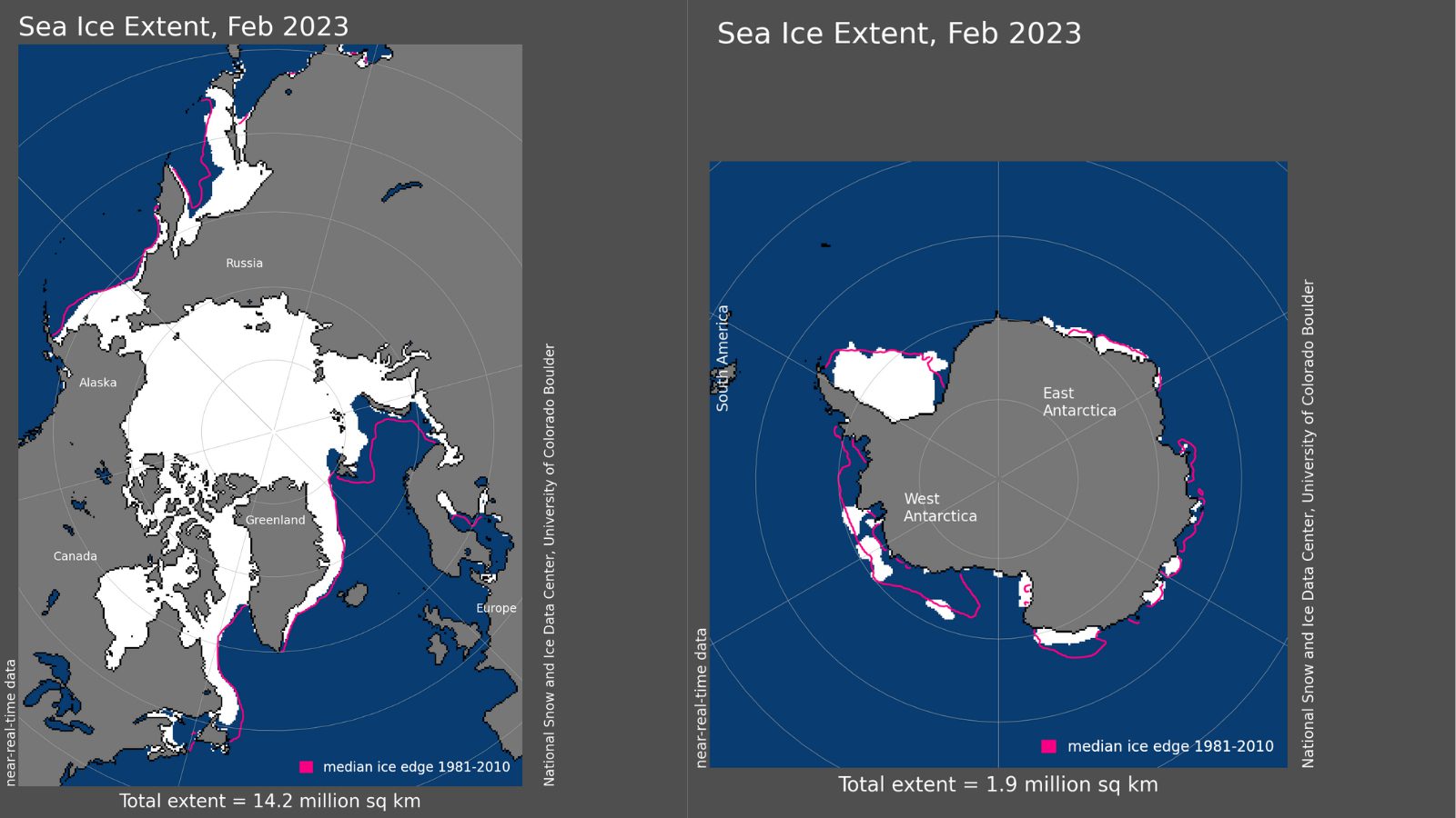 Left: February 2023 Arctic sea ice coverage; Right: February 2023 Antarctic sea ice coverage.