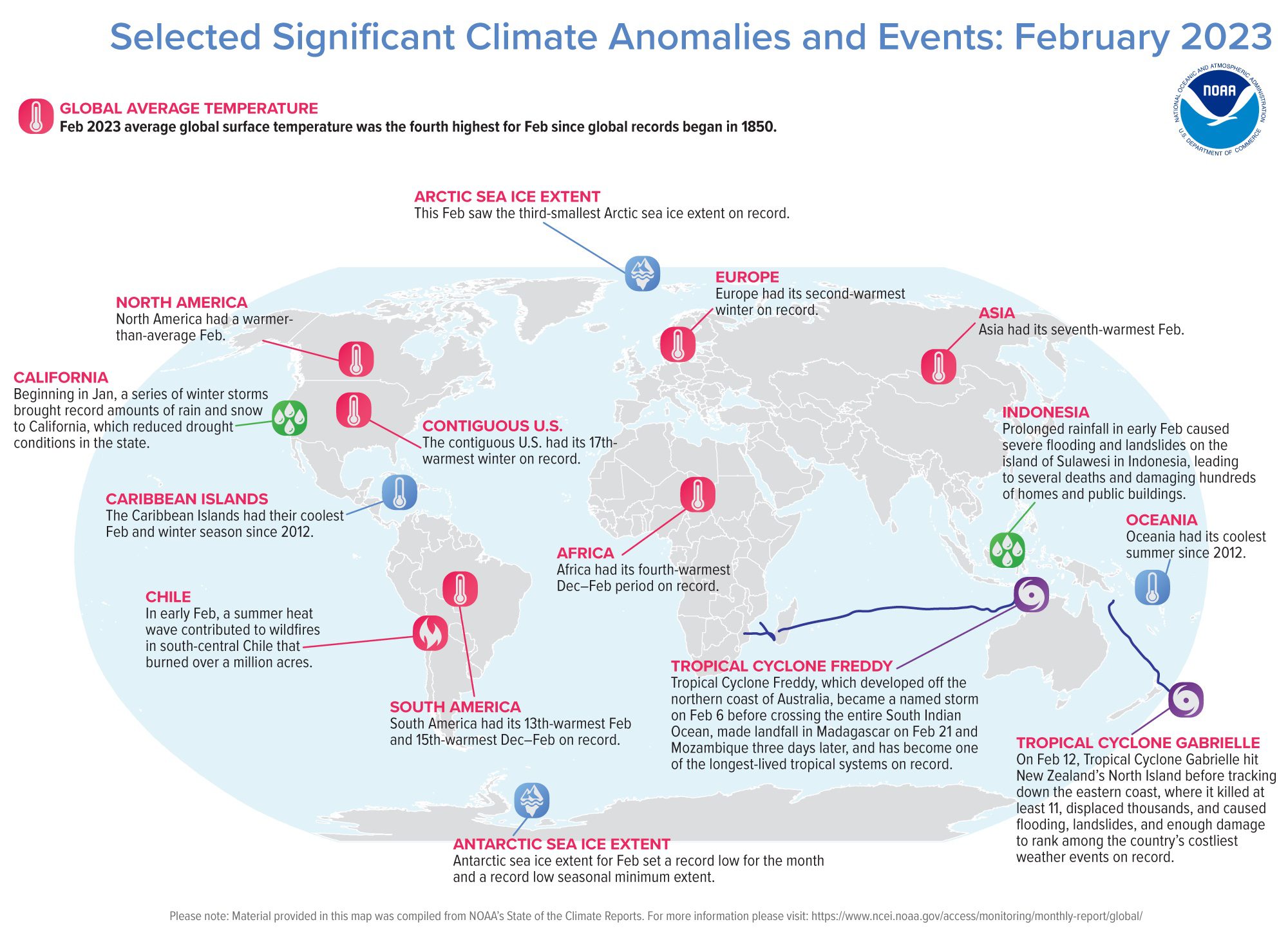 Climate anomalies and events seen across the globe in February 2023.