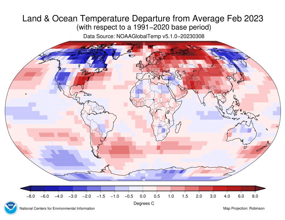 Graphic showing the temperature departure from the average across the planet during February.