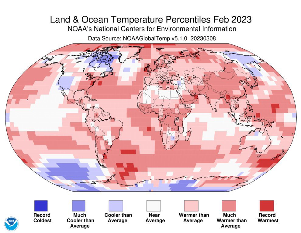 Graphic showing the temperature percentiles across the planet for February 2023.