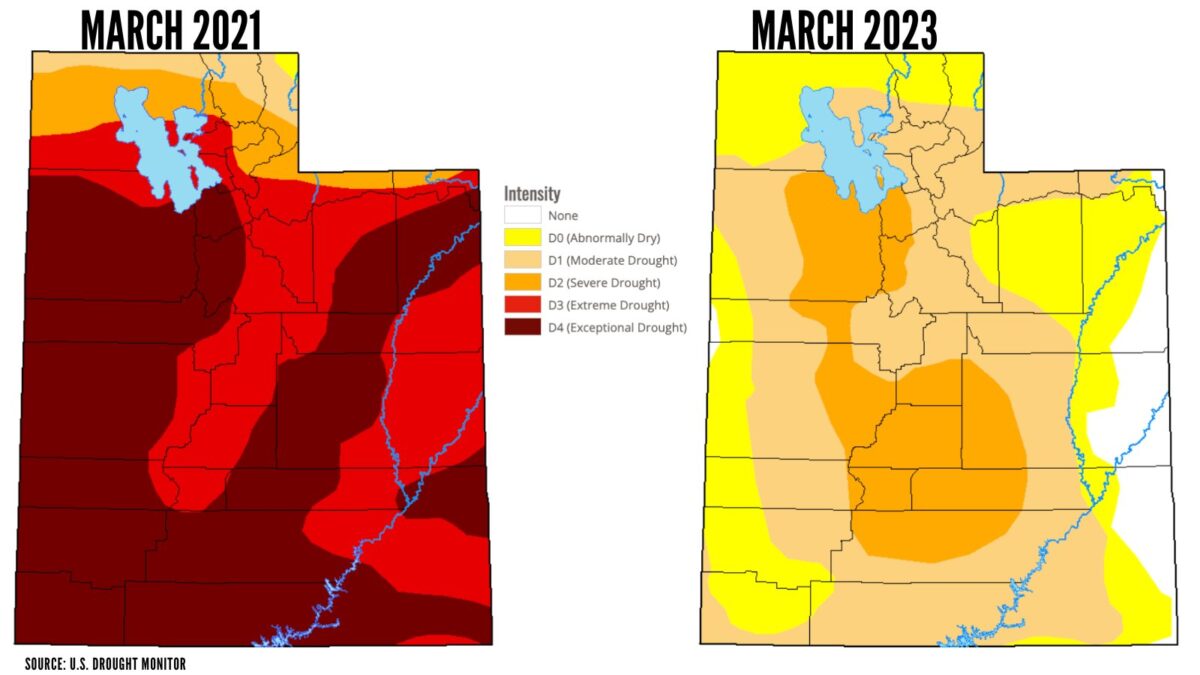 A drought comparison of March 2021 and March 2023.