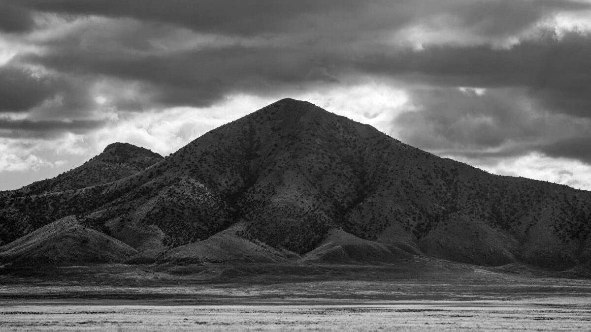 A black and white image of a mountain in Utah's West Desert.