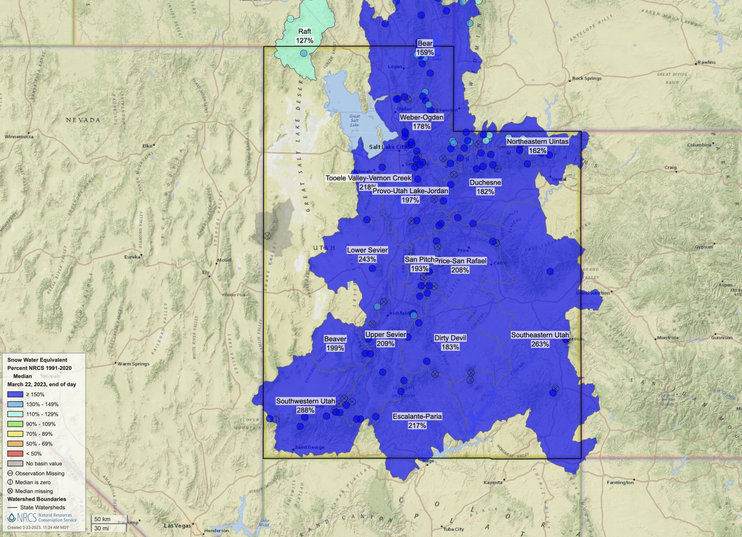 Snow Water Equivalent of snowpack as a percent of the 1991-2020 median.