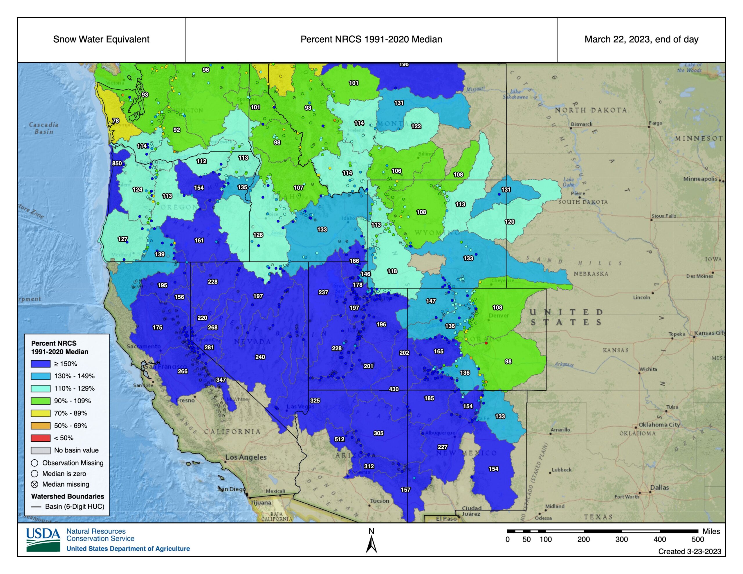 Snow Water Equivalent of snowpack as a percent of the 1991-2020 median as of March 23.