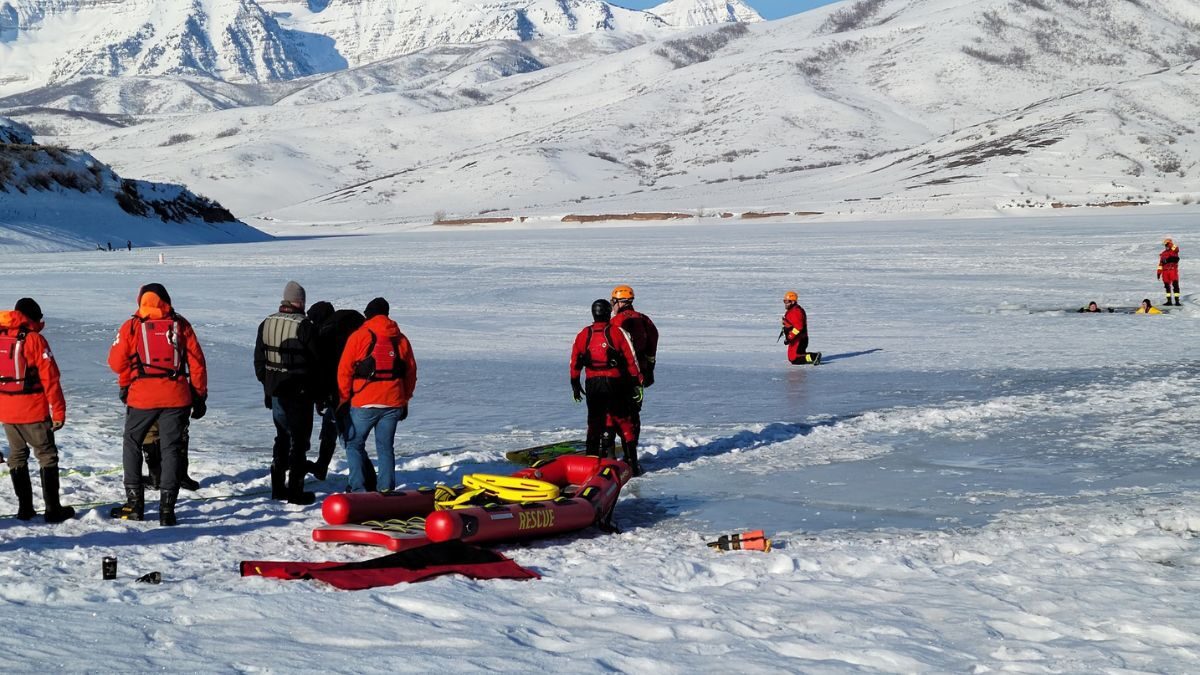Wasatch County Search and Rescue trains on Deer Creek Reservoir, March 18, 2023.