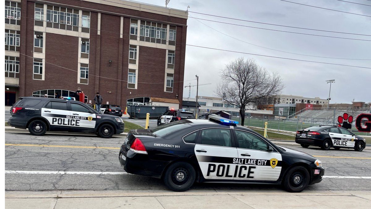 Heavy police presence outside of West High School in Salt Lake City following a false report of an active shooter situation on March 29, 2023.