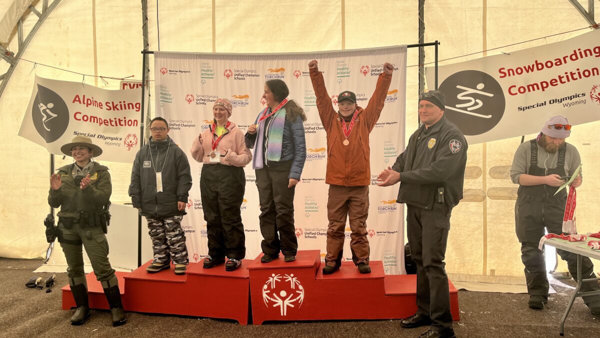 CJ Haerter gets raises his arms in a "V" for victory getting 2nd place in slalom.