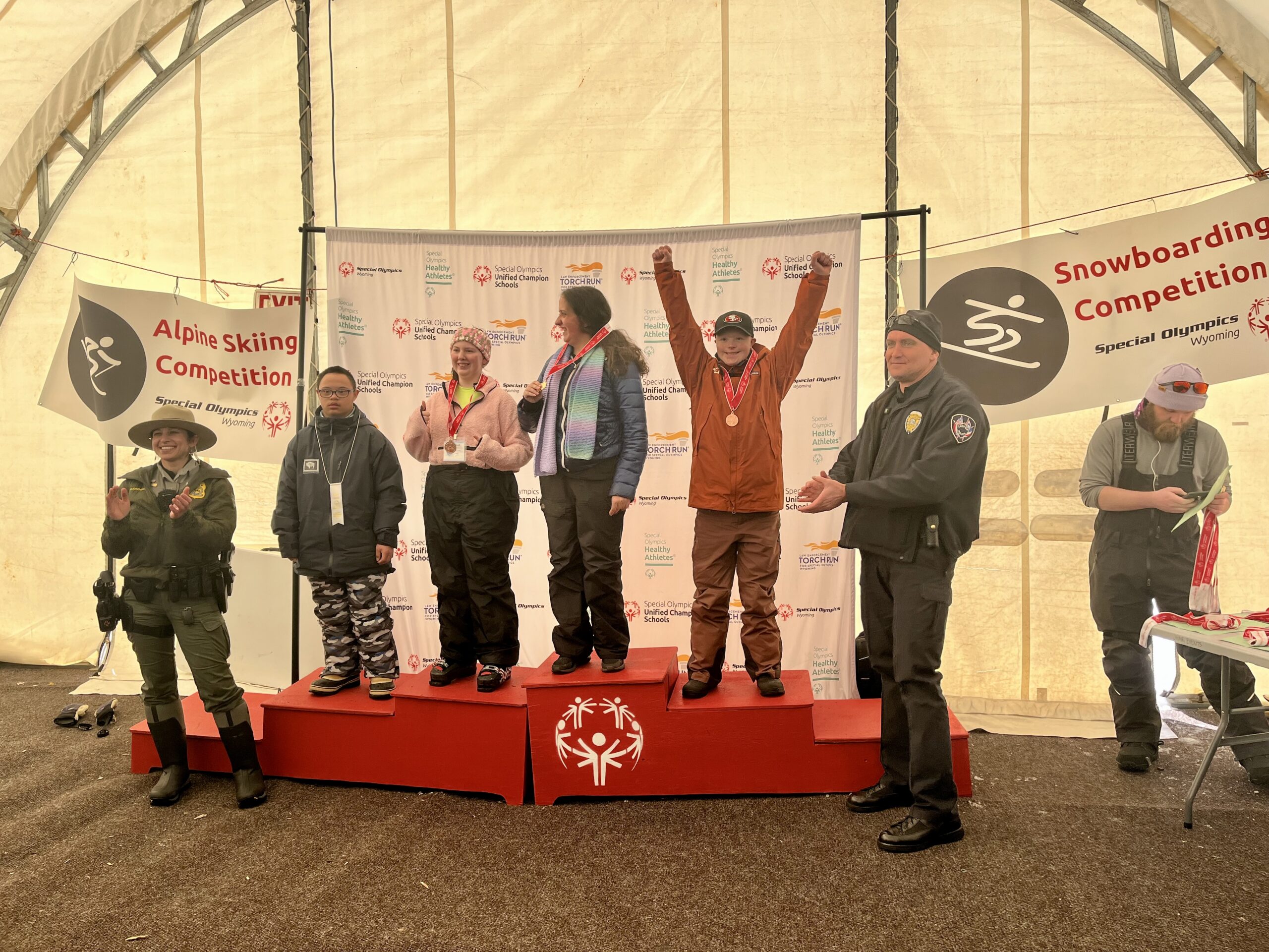 CJ Haerter gets raises his arms in a "V" for victory getting 2nd place in slalom.