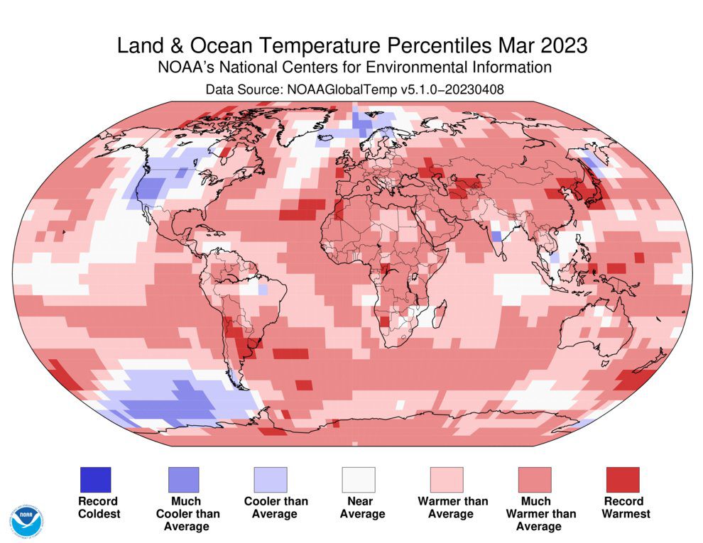 Temperature Percentiles from around the earth for March 2023.