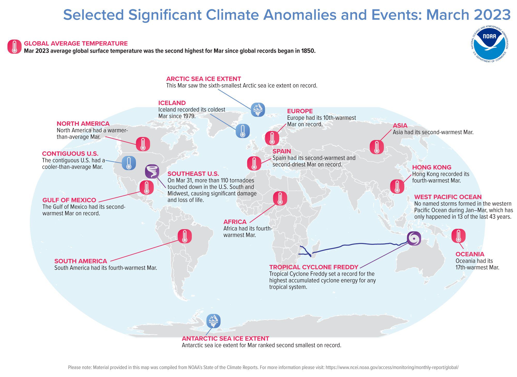 Climate anomalies and events from March 2023.