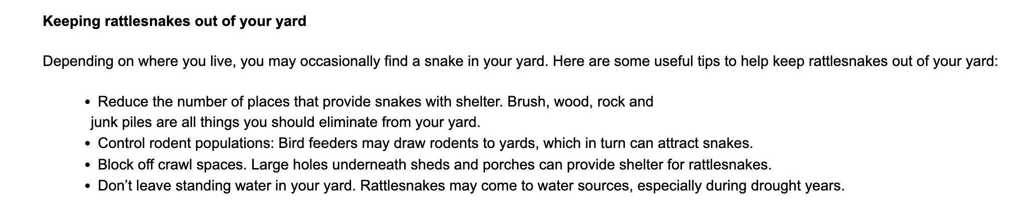 Tips for keeping rattlesnakes out of your yard.