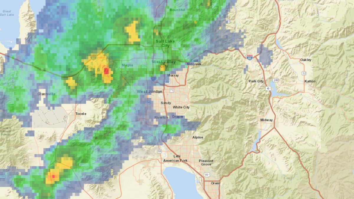 A radar map showing a severe thunderstorm in the Salt Lake Valley as of 11:45 a.m. on Tuesday.