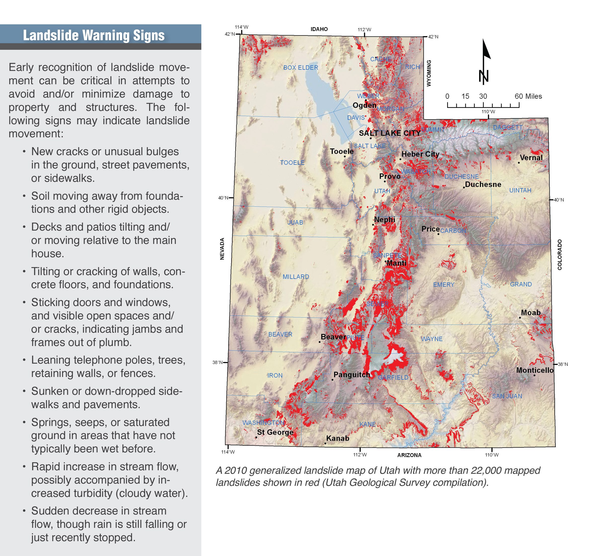 Generalized map showing most likely areas for landslides and a list of signs that could show a high potential for landslides occurring. 