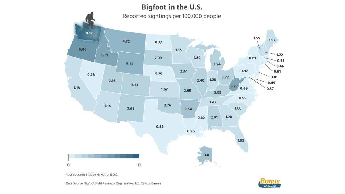 Map of the U.S. showing bigfoot sightings per 100,000 people.