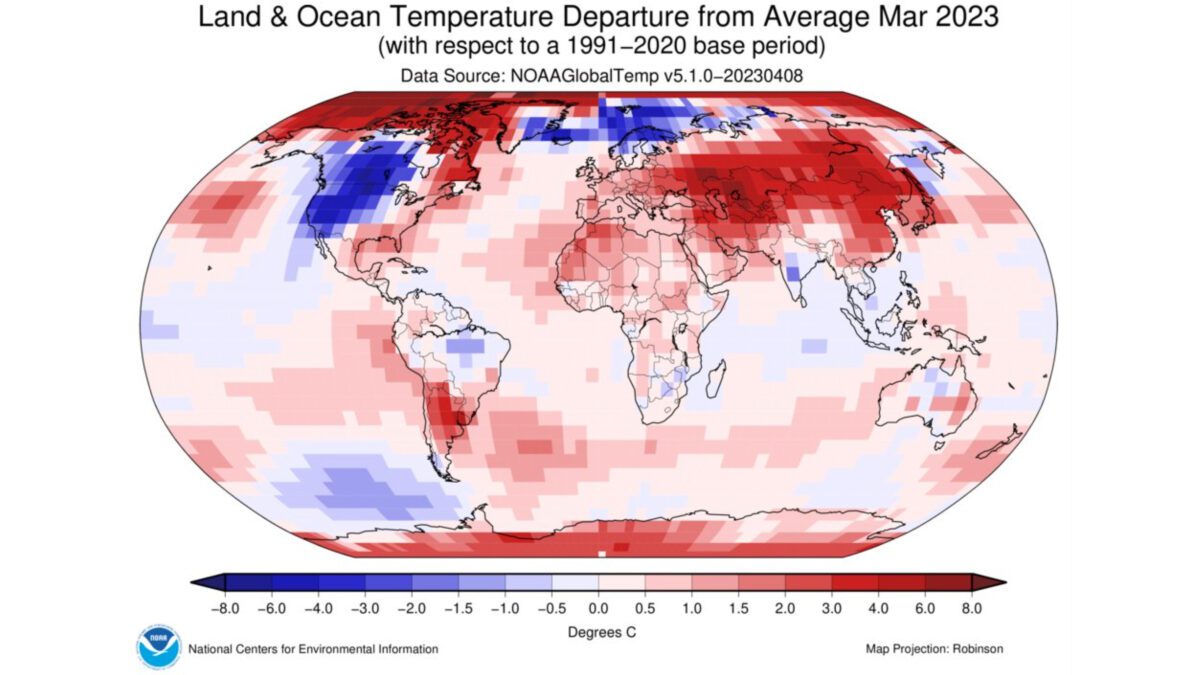 Map showing average temperatures on earth in March as a comparison of the 1991-2020 base period.