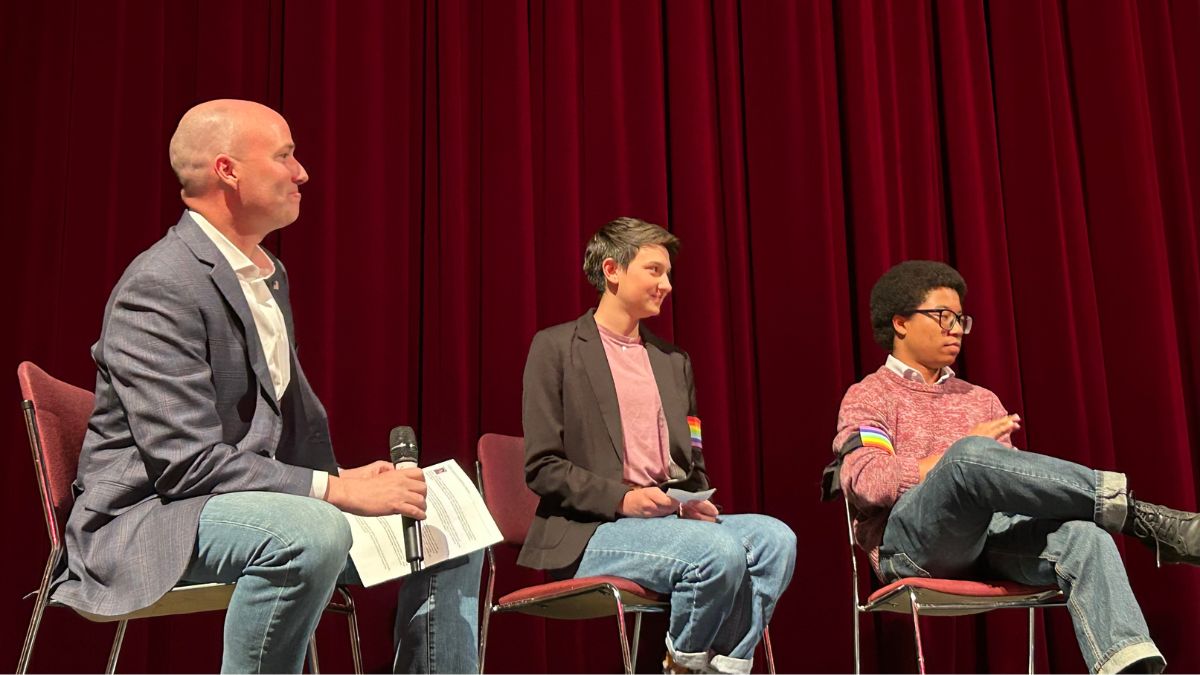 Gov. Spencer Cox speaks to students at Park City High School, April 19, 2023.