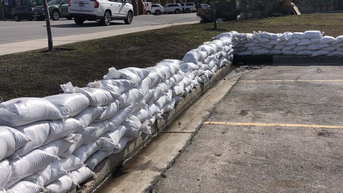 Sandbags stacked in preparation for increased snowmelt in Kimball Junction.