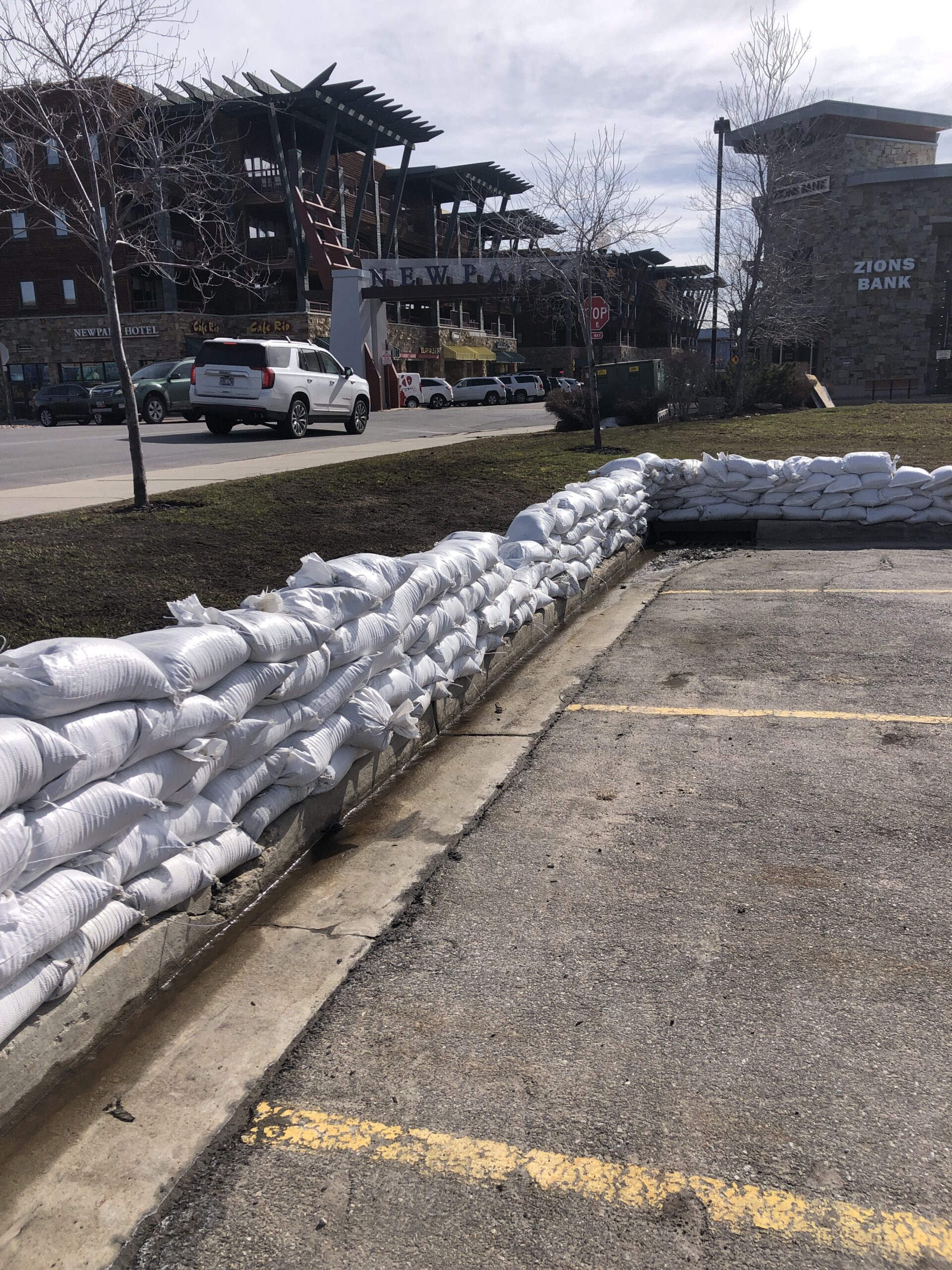 Sandbags stacked in preparation for increased snowmelt in Kimball Junction.