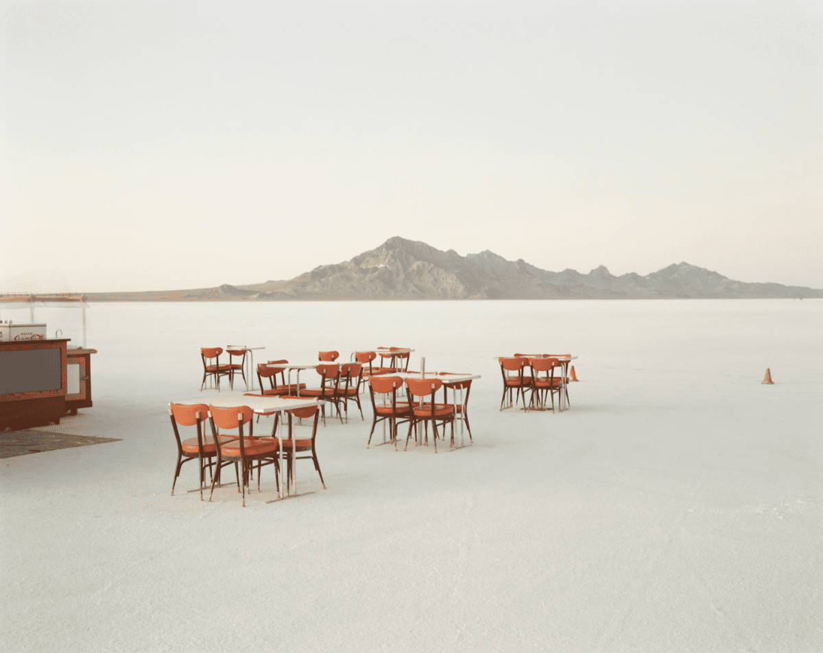 Richard Misrach, Outdoor Dining, Bonneville Salt Flats, Utah, 1992. Pigment print, 18 x 23 inches, edition 25/25. Courtesy of the artist and Fraenkel Gallery.