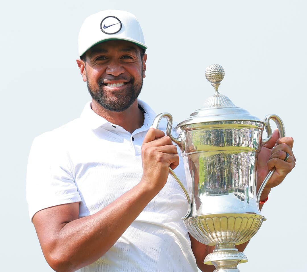 Tony Finau with his champions trophy at the Mexico Open on the PGA Tour.