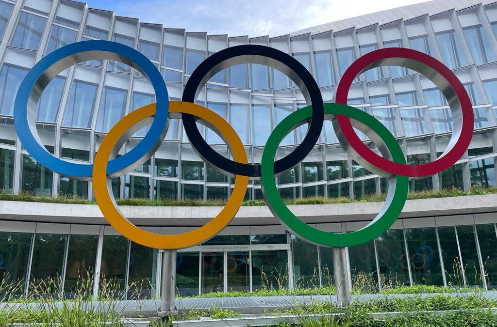 Olympic rings in in front of the International Olympic Committee Building in Lausanne, Switzerland.