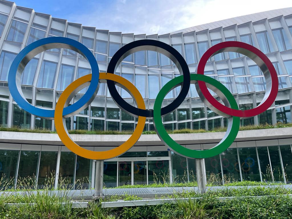 Olympic rings in in front of the International Olympic Committee Building in Lausanne, Switzerland.