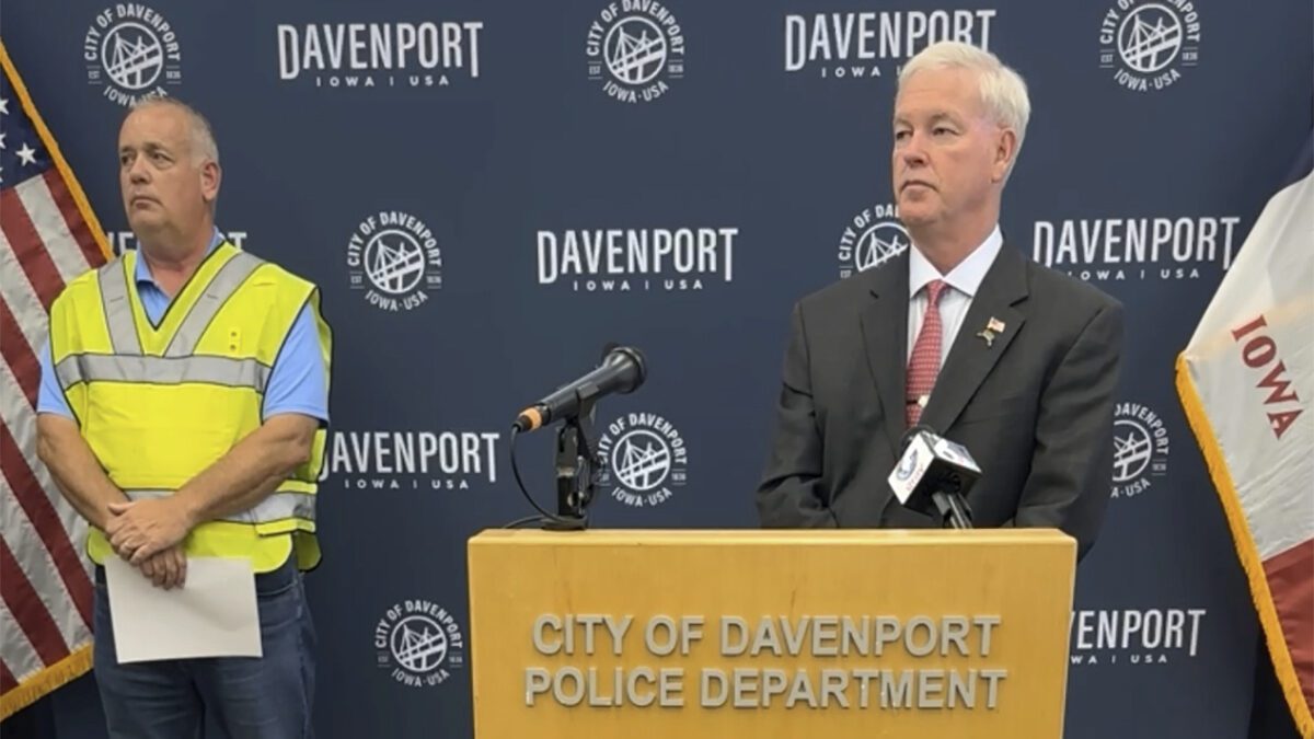 Davenport Fire Chief Carlsten and Mayor Mike Matson provide an updated on the building collapse during a news conference, Monday, May 29, 2023 in Davenport, Iowa. Carlsten said that it was unclear how many people, if any, were still missing after an apartment building in the eastern Iowa city collapsed.