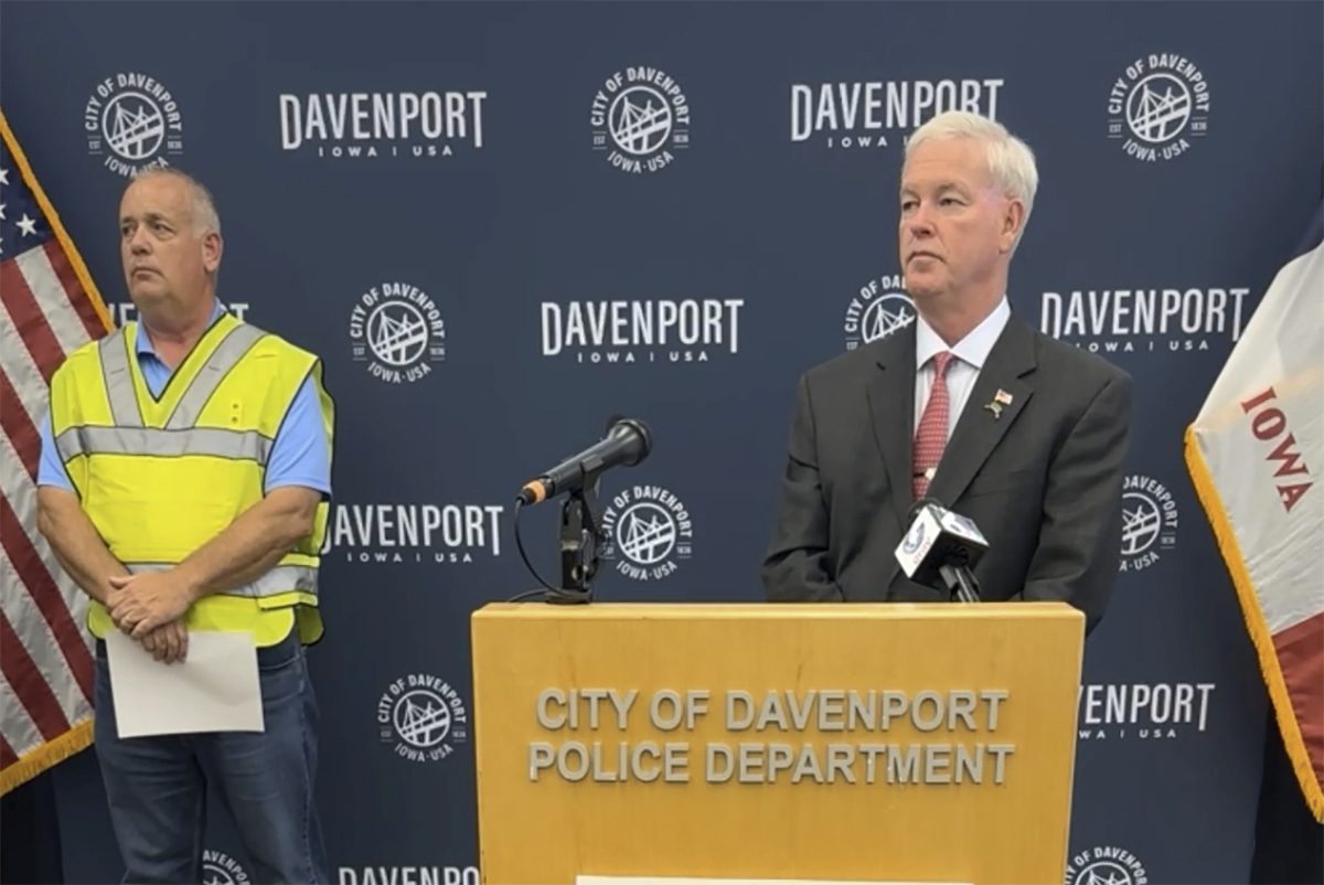 Davenport Fire Chief Carlsten and Mayor Mike Matson provide an updated on the building collapse during a news conference, Monday, May 29, 2023 in Davenport, Iowa. Carlsten said that it was unclear how many people, if any, were still missing after an apartment building in the eastern Iowa city collapsed.