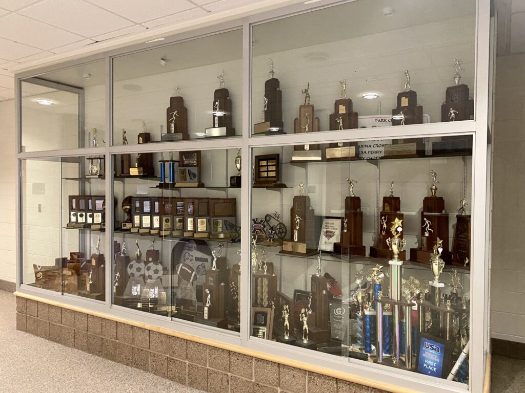 One of several Park City High School Miners sports trophy cases.