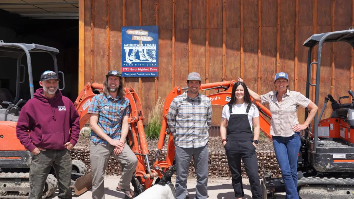 Representatives from Mountain Trails Foundation, Wasatch Trails Foundation and Park City Mountain Epic Promise at the Mountain Trails Foundation Headquarters. (L-R) Rick Fournier, Mountain Trails Foundation; Ian Hartley, Mountain Trails Foundation; Thomas Bradley, Park City Mountain; Mia Yue, Wasatch Trails Foundation and; Lora Smith, Mountain Trails Foundation.