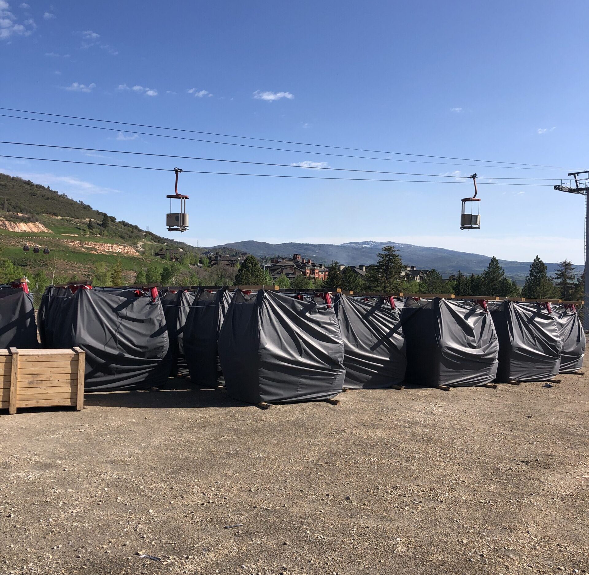 The new Red Pine Gondola cabins currently staged at the Canyons Village base area