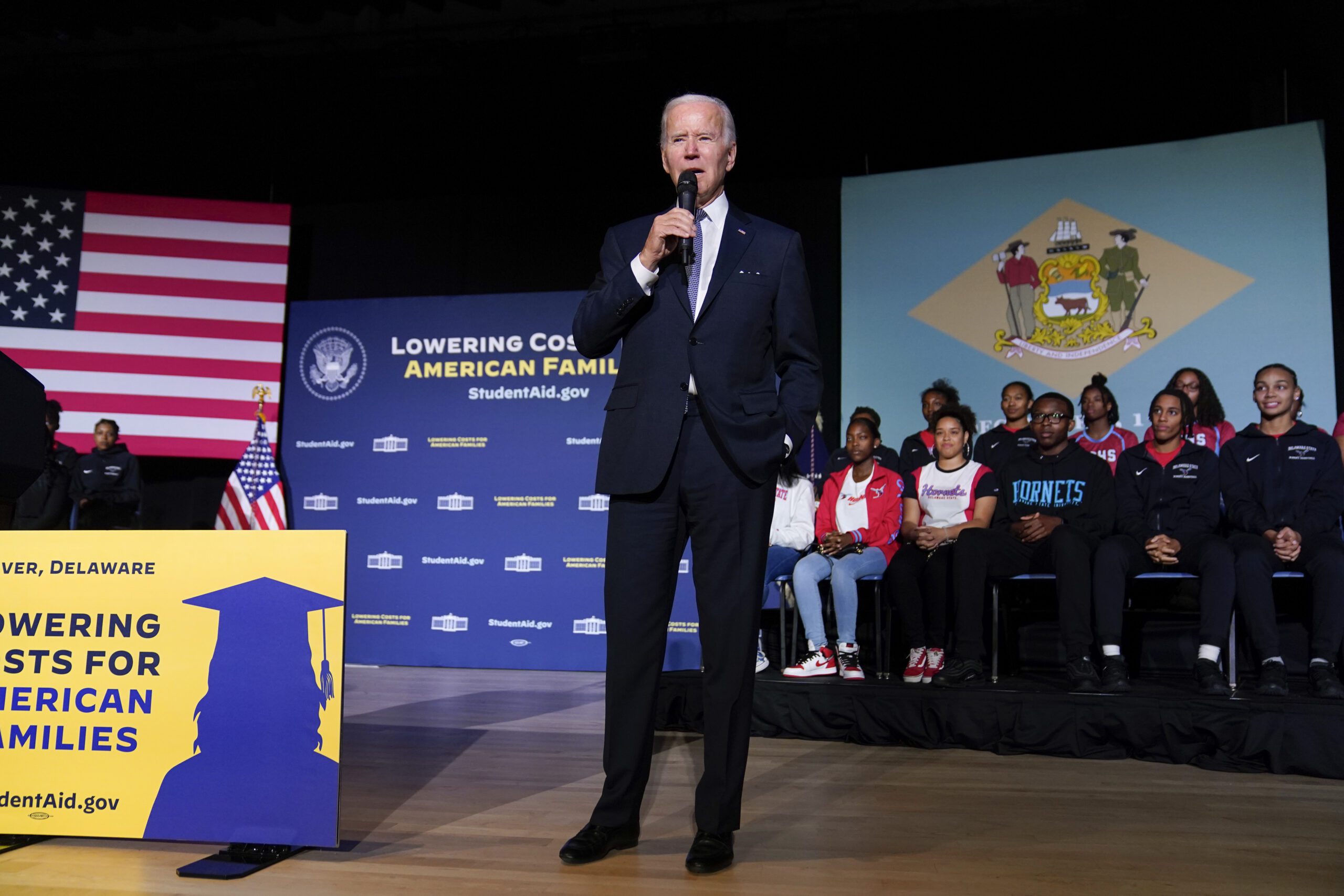 President Joe Biden delivers remarks on student loan debt relief at Delaware State University, Friday, Oct. 21, 2022, in Dover, Del.