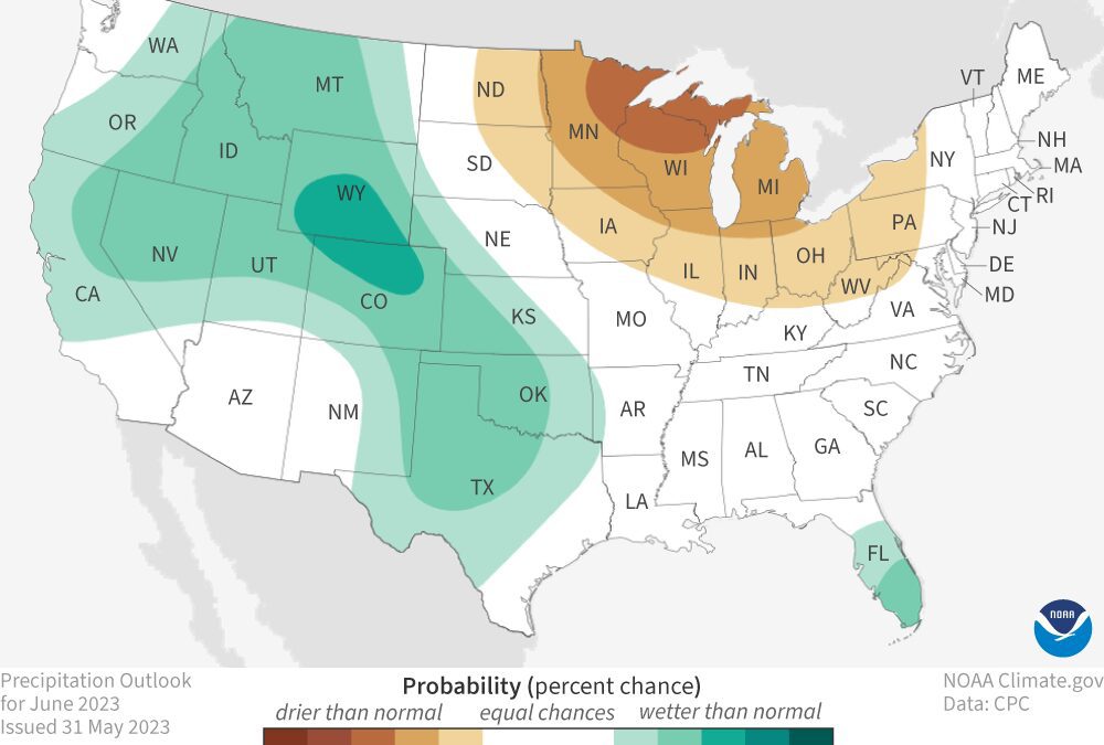 The U.S. precipitation outlook for June 2023 (view Alaska), showing places where a much wetter than average June is favored (greens) and where a much drier than average June is favored (browns). White areas indicate that there are equal chances for a wet, dry, or near-average June. For more details on how to interpret these maps, read our explainer Understanding NOAA's monthly climate outlooks. Map by NOAA Climate.gov, based on data from the Climate Prediction Center.