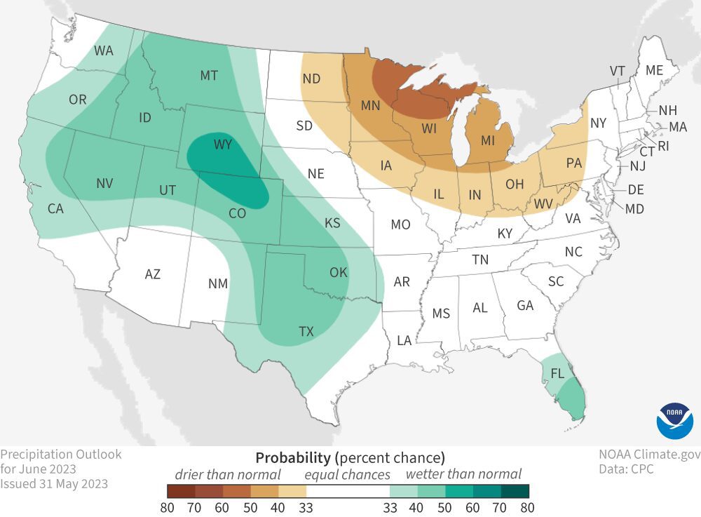 The U.S. precipitation outlook for June 2023 (view Alaska), showing places where a much wetter than average June is favored (greens) and where a much drier than average June is favored (browns). White areas indicate that there are equal chances for a wet, dry, or near-average June. For more details on how to interpret these maps, read our explainer Understanding NOAA's monthly climate outlooks. Map by NOAA Climate.gov, based on data from the Climate Prediction Center.