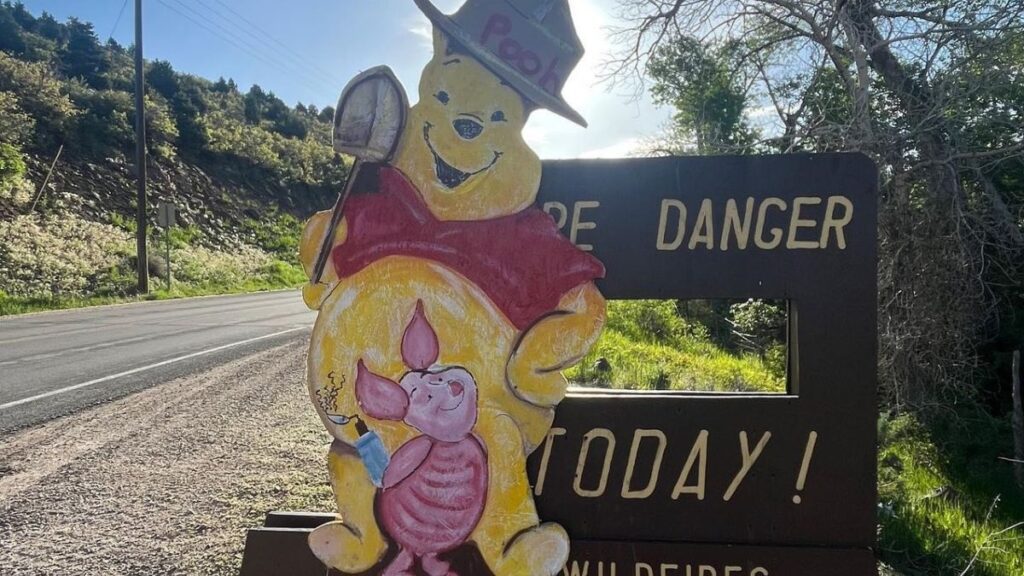 Wasatch Fire's stolen Smokey Bear sign has been replaced by Winnie the Pooh.