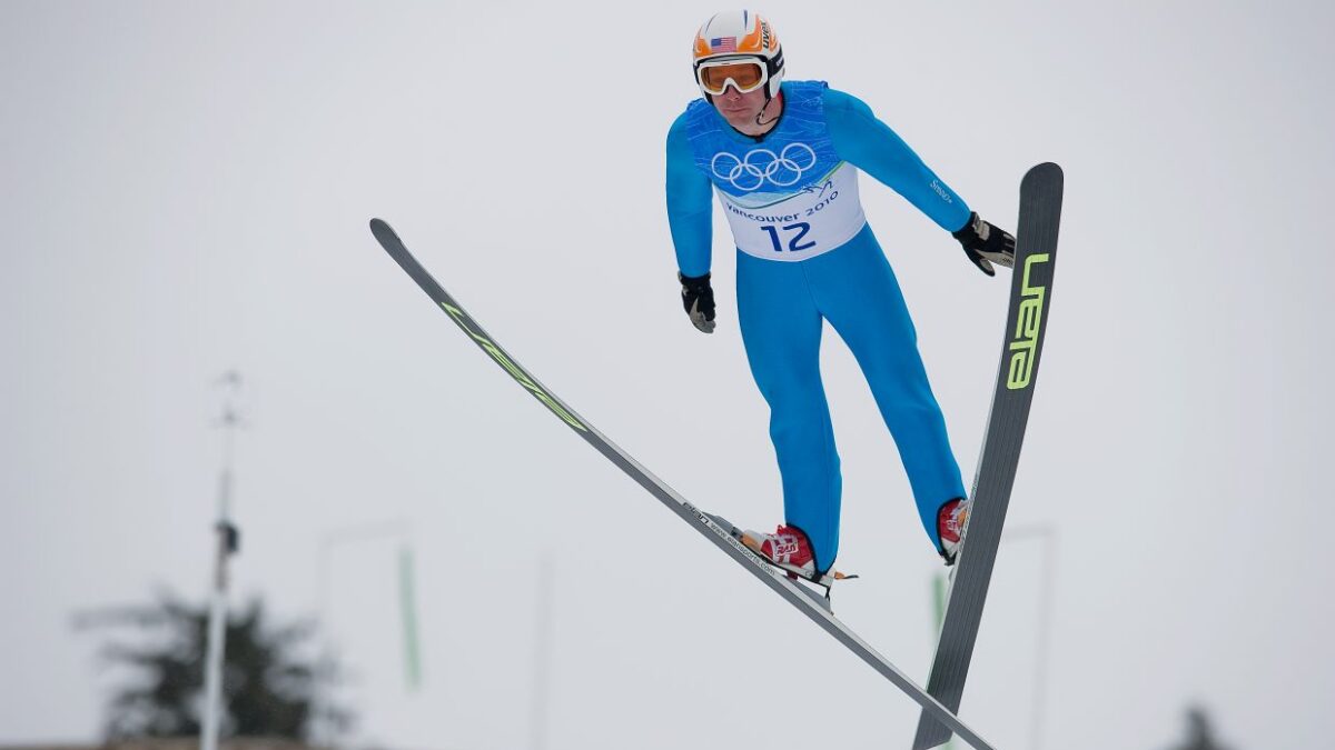 Brett Camerota competing in the ski jumping portion of nordic combined at the Olympic Games.