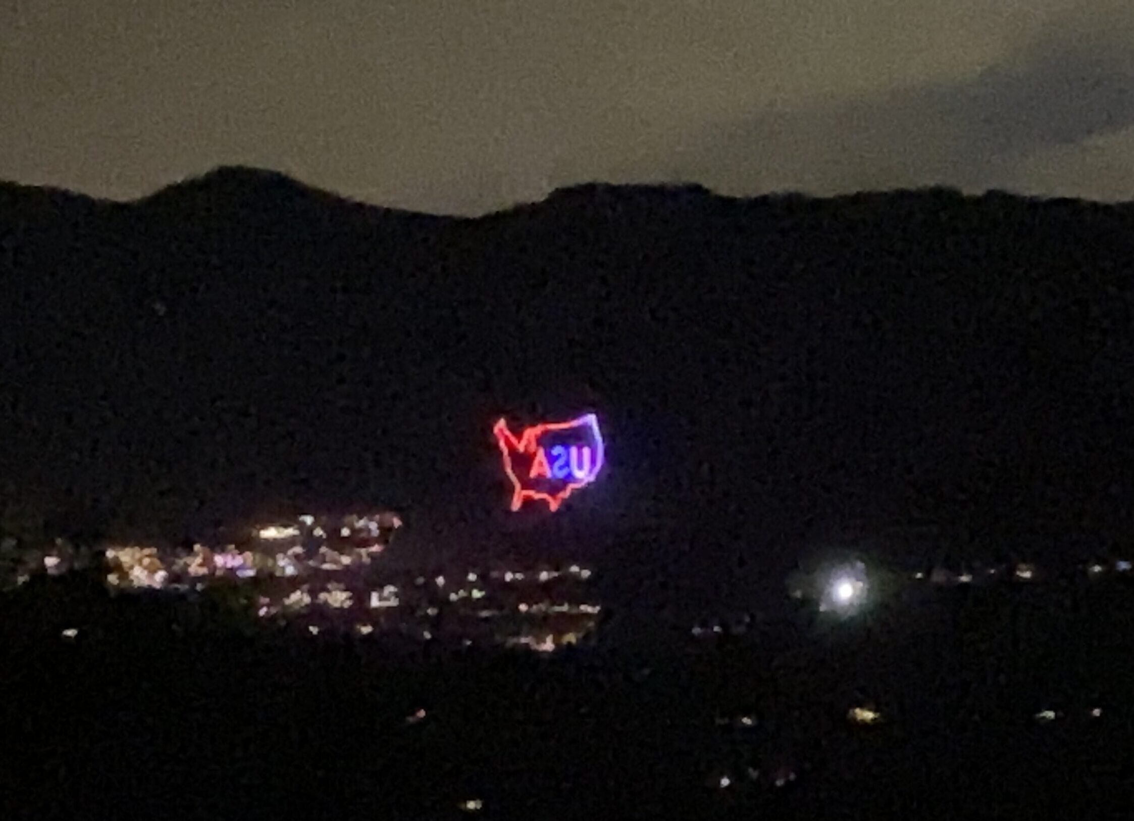 The map of the USA with it's lettering inside, just one of the displays by drones and fireworks at Park City Mountain's Canyons on July 3, 2023.