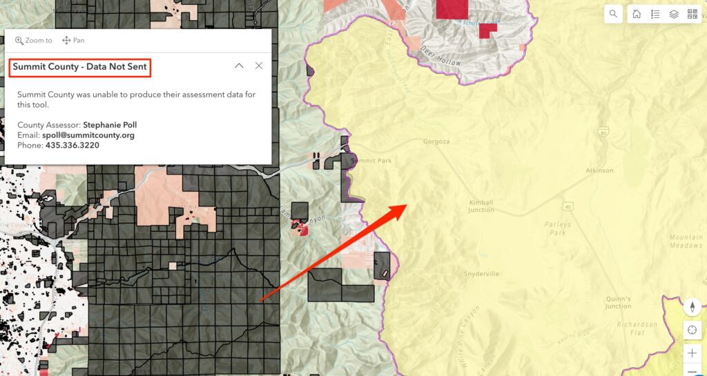 Transparent Utah Property Valuation interactive map with no data from Summit County, Utah