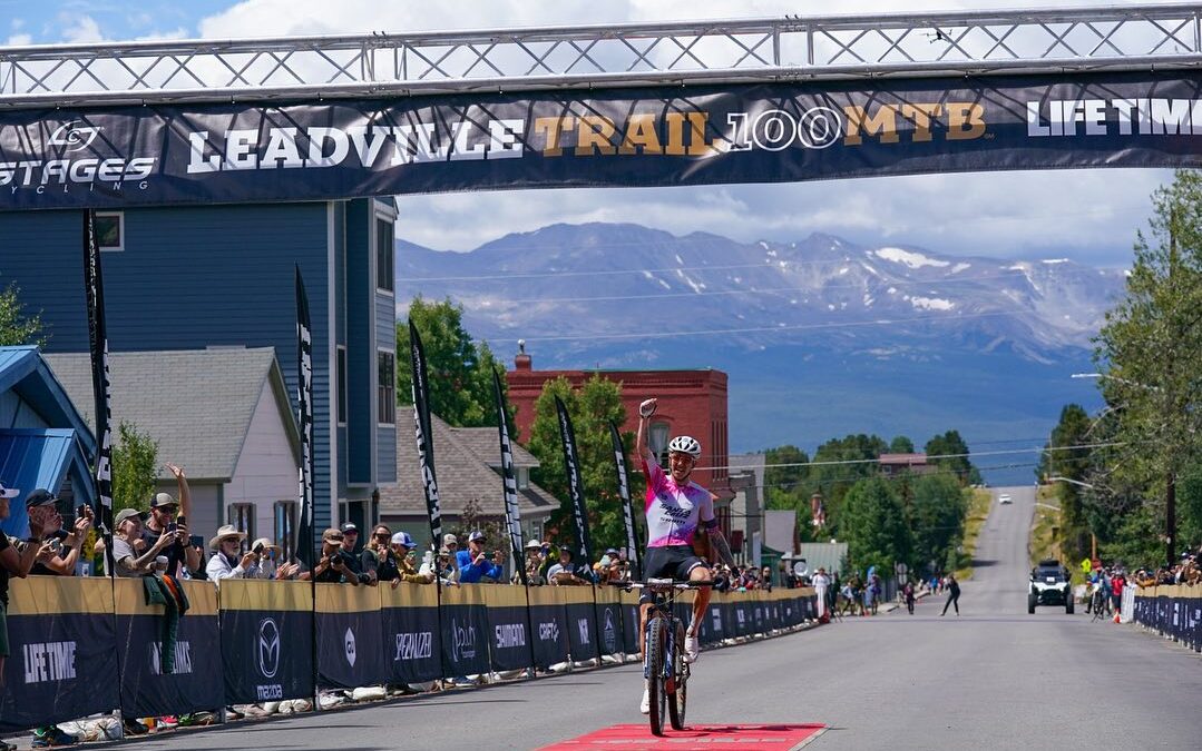 Keegan Swenson with the win and a new course record in the Leadville 100 Mountain Bike Race.