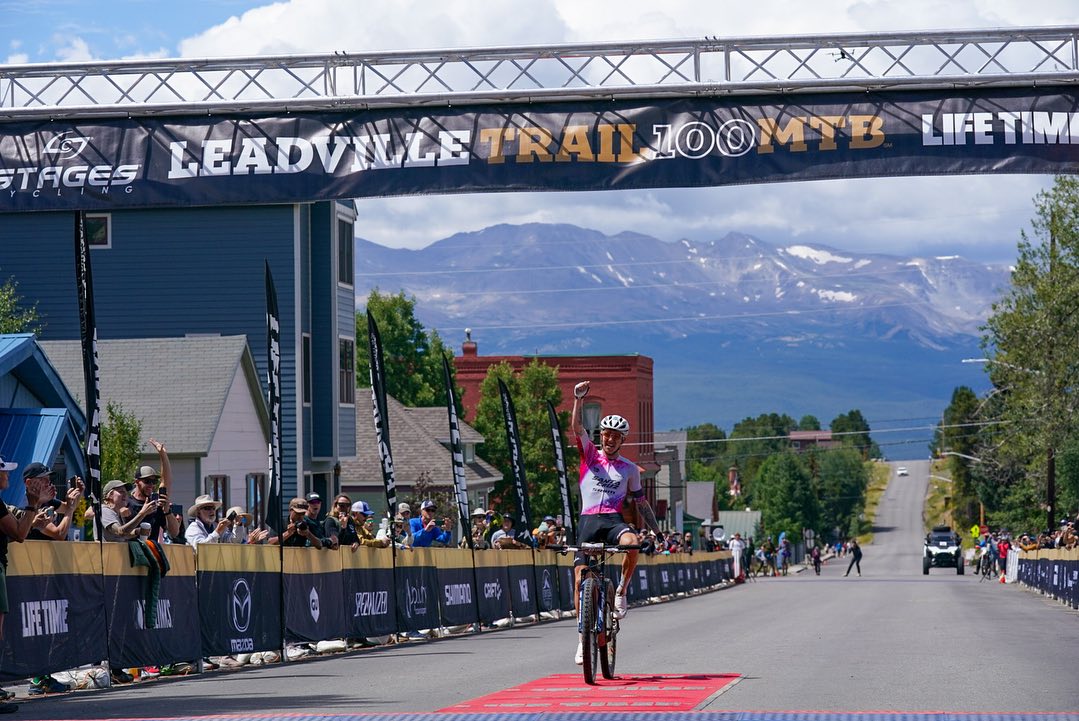 Keegan Swenson with the win and a new course record in the Leadville 100 Mountain Bike Race.