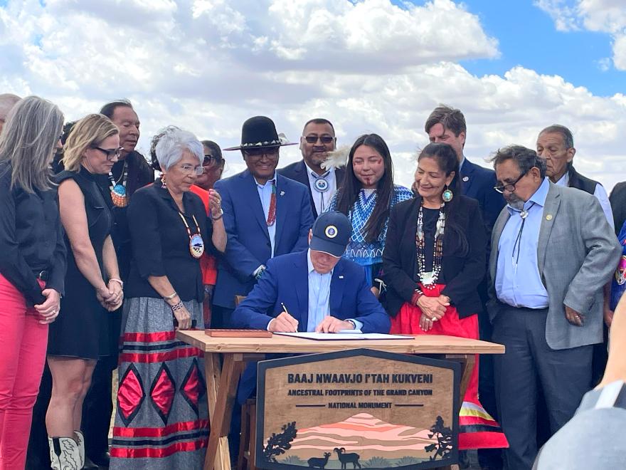 President Biden established the Baaj Nwaavjo I’tah Kukveni—Ancestral Footprints of the Grand Canyon National Monument in northern Arizona. The signing event brought together state politicians and tribal community leaders.