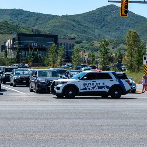 Park City Police Department blocking access to SR 224 as the Presidents motorcade heads back down Parley Canyon.