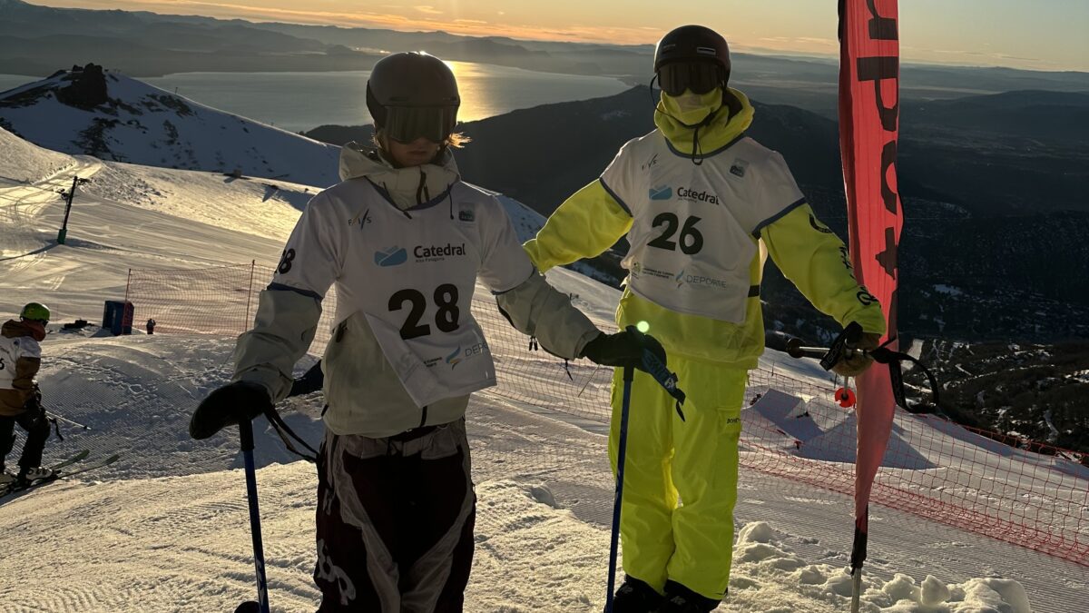 Jack Rodeheaver and Sean Jensen of the Revolution Ski and Blade Team at the top of Cerro Catedral in Argentina at the South America Cup.