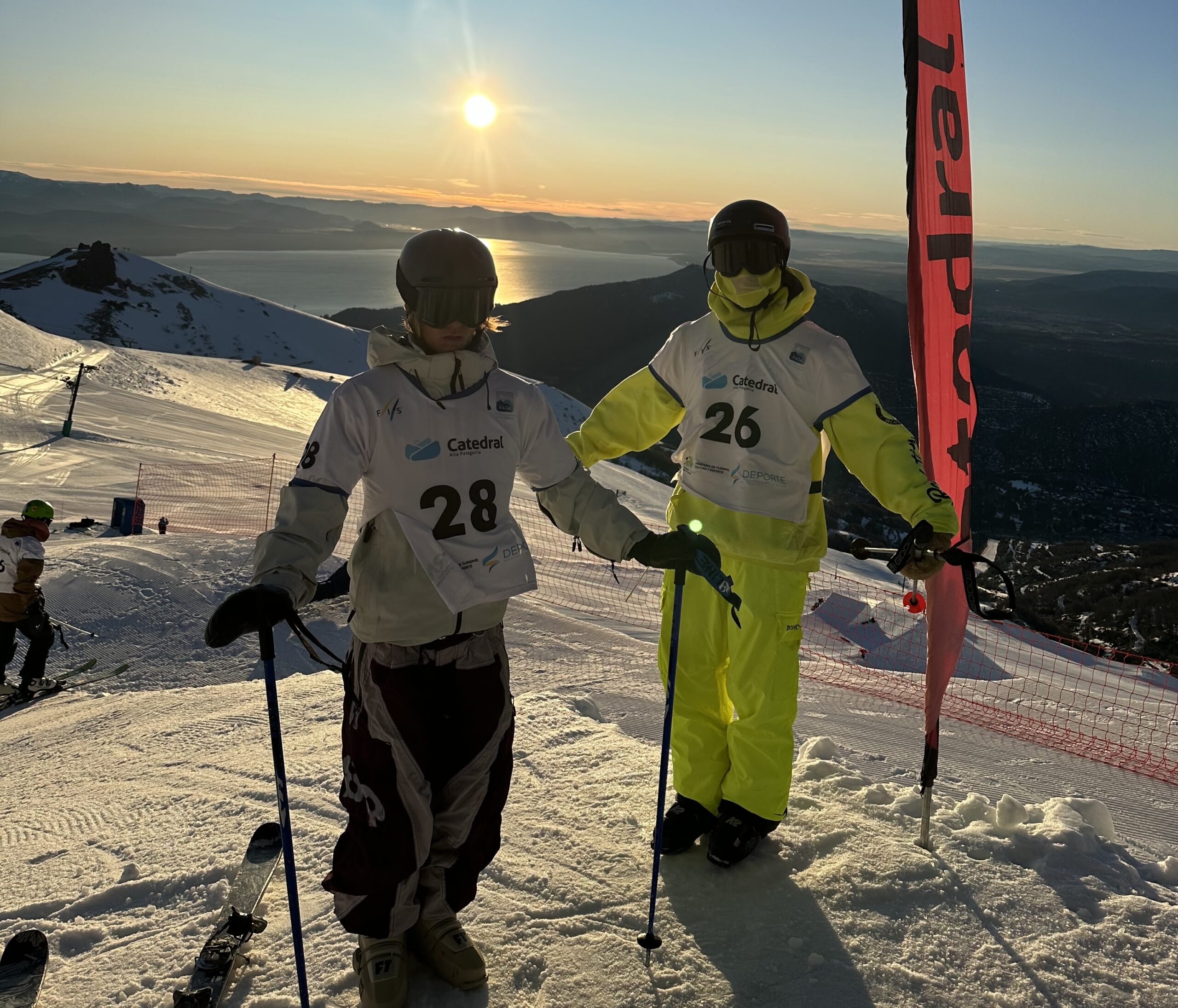 Jack Rodeheaver and Sean Jensen of the Revolution Ski and Blade Team at the top of Cerro Catedral in Argentina at the South America Cup.